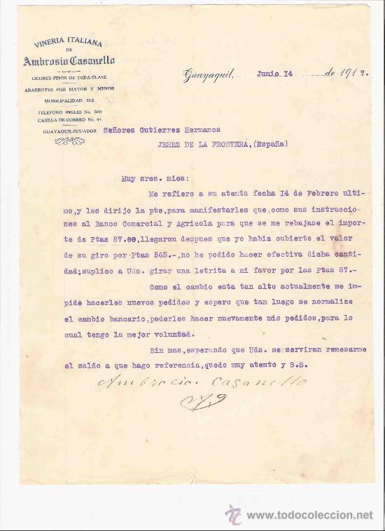Lettres commerciales: ECUADOR. GUAYAQUIL. CARTA COMERCIAL. GUTIERREZ HNO. VINERIA ITALIANA. CASANELLO. JUNIO. 1917.