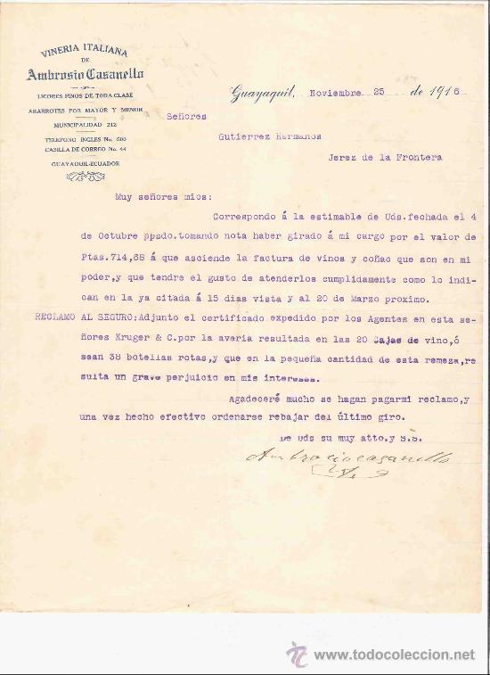 Lettres commerciales: ECUADOR. GUAYAQUIL. CARTA COMERCIAL. GUTIERREZ HNO. VINERIA ITALIANA. CASANELLO. NOVIEMBRE 1916.