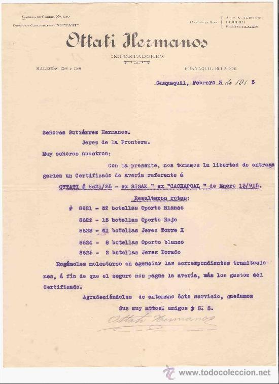Lettres commerciales: ECUADOR. GUAYAQUIL. CARTA COMERCIAL. GUTIERREZ HNO. JEREZ. OTTATAI HNOS. IMPORTADORES. FEB. 1915.