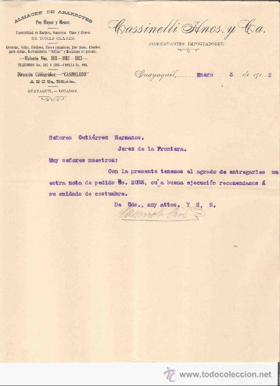 Gesch&auml;ftsbriefe: ECUADOR. GUAYAQUIL. CARTA COMERCIAL. CASINELLI HNOS. ALMACEN DE ABARROTES. COMERCIANTES. ENERO 1912.