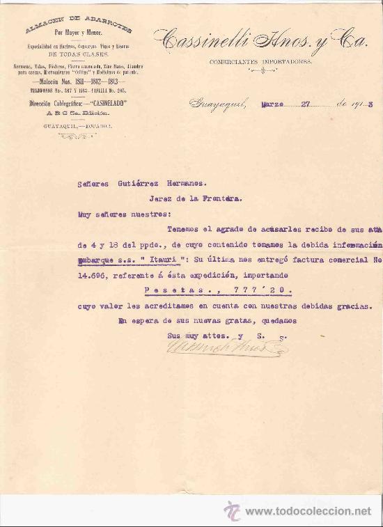 Gesch&auml;ftsbriefe: ECUADOR. GUAYAQUIL. CARTA COMERCIAL. CASINELLI HNOS. ALMACEN DE ABARROTES. COMERCIANTES. MARZO 1913.
