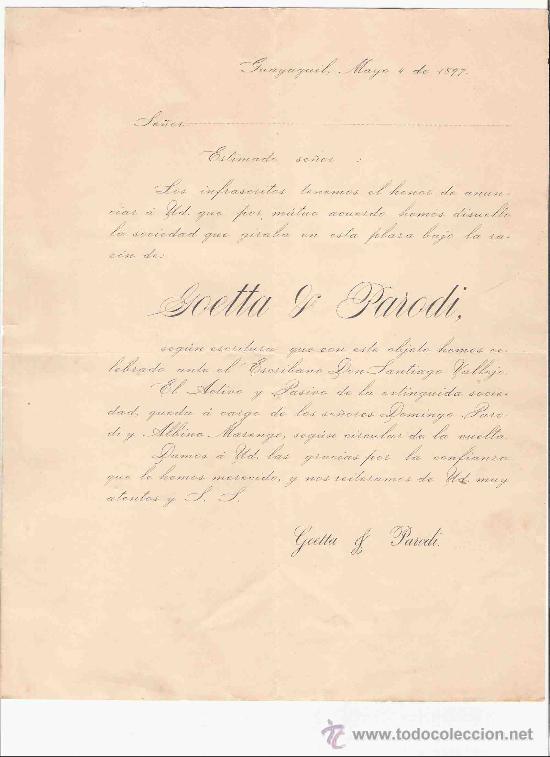 Gesch&auml;ftsbriefe: ECUADOR. GUAYAQUIL. CARTA COMERCIAL. GOETTA & PARODI. MAYO 1897.