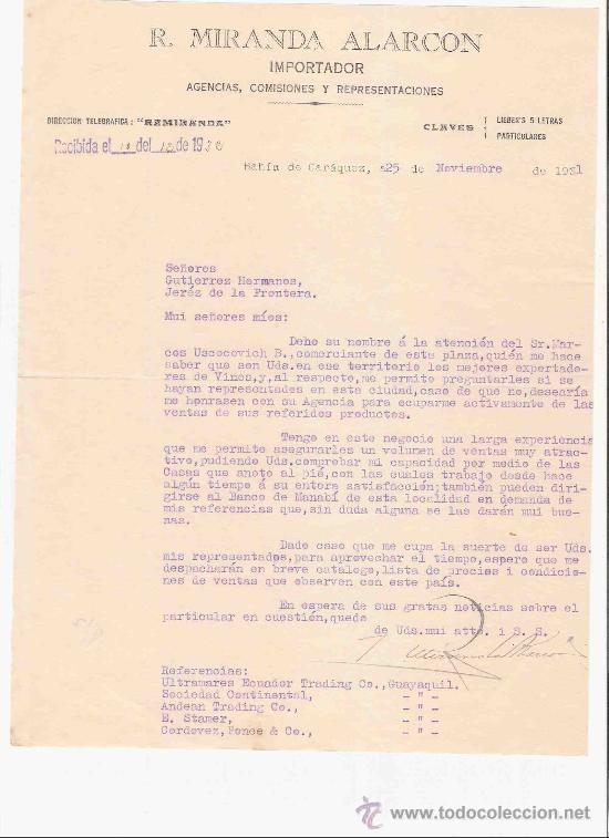 Gesch&auml;ftsbriefe: ECUADOR. BAHIA DE CARAQUEZ. CARTA COMERCIAL. MIRANDA ALARCON. IMPORTADOR. NOV. 1931.
