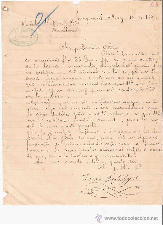 Gesch&auml;ftsbriefe: ECUADOR. GUAYAQUIL. CARTA COMERCIAL. GUTIERREZ HNO. BARCELONA. JUAN DEFILIPPI. MARZO 1891.