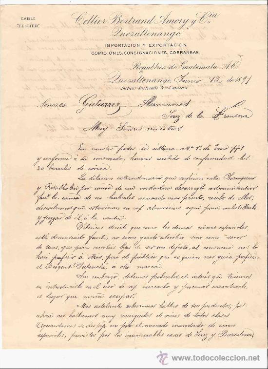 Gesch&auml;ftsbriefe: GUATEMALA. QUEZALTENANGO. CARTA COMERCIAL. CELLIER BERTRAND AMORY & CIA. IMPORTACION. JUNIO 1891.