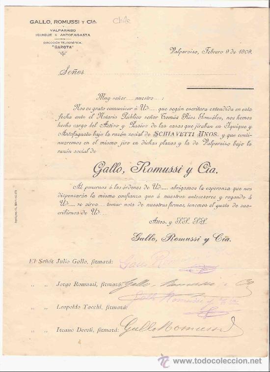 Gesch&auml;ftsbriefe: CHILE. VALPARAISO. CARTA COMERCIAL. GALLO, ROMUSSI Y CIA. IQUIQUE. ANTOFAGASTA. FEBRERO 1909.