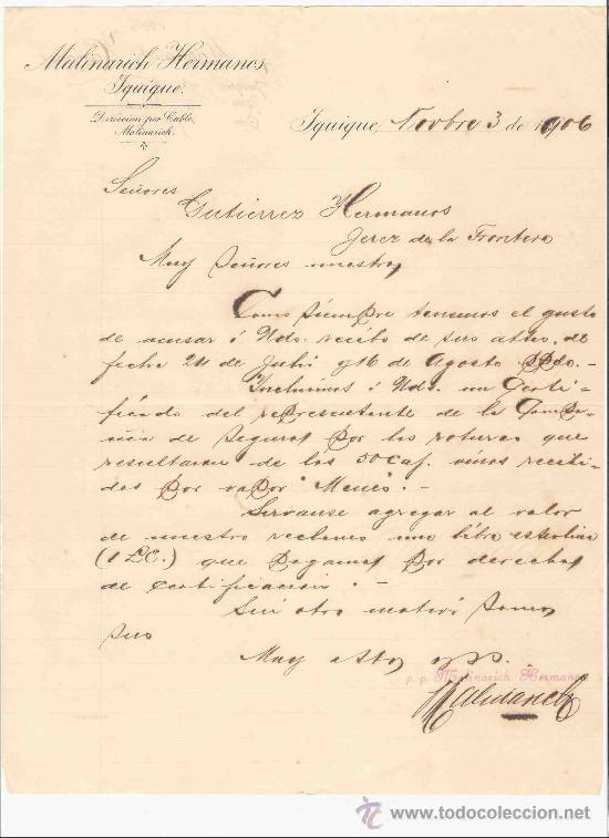 Gesch&auml;ftsbriefe: CHILE. IQUIQUE. CARTA COMERCIAL. MALINARICH HERMANOS. FEBRERO 1906.