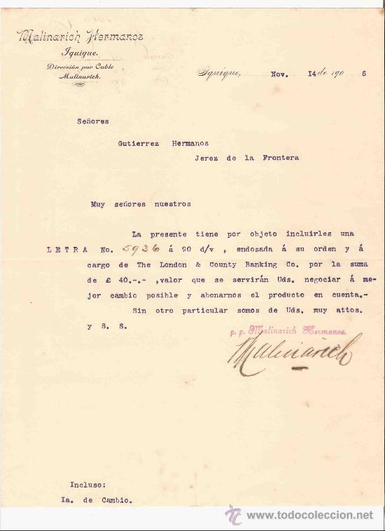 Gesch&auml;ftsbriefe: CHILE. IQUIQUE. CARTA COMERCIAL. MALINARICH HERMANOS. NOVIEMBRE 1906.