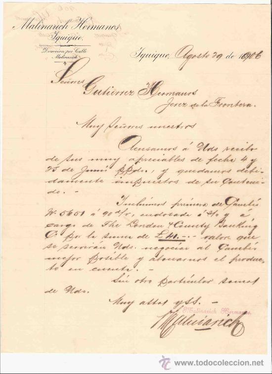 Gesch&auml;ftsbriefe: CHILE. IQUIQUE. CARTA COMERCIAL. MALINARICH HERMANOS. AGOSTO 1906.