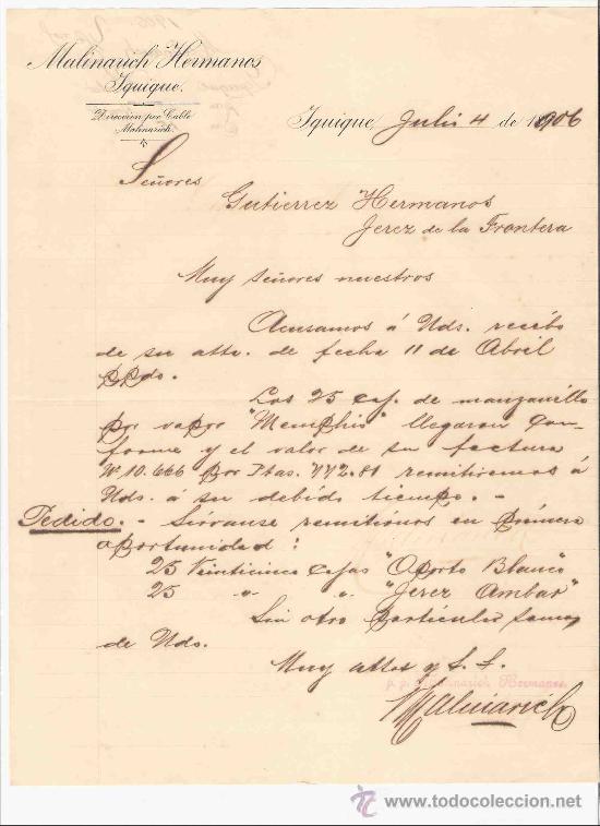 Gesch&auml;ftsbriefe: CHILE. IQUIQUE. CARTA COMERCIAL. MALINARICH HERMANOS. JULIO 1906.