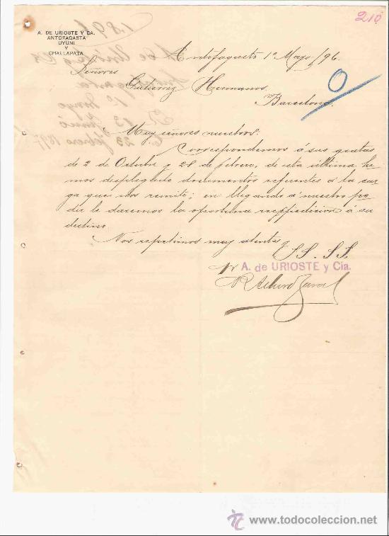 Gesch&auml;ftsbriefe: CHILE. ANTOFAGASTA. CARTA COMERCIAL. A. DE URIOSTE Y CIA. UYUNI Y CHALLAPATA. MAYO 1896.