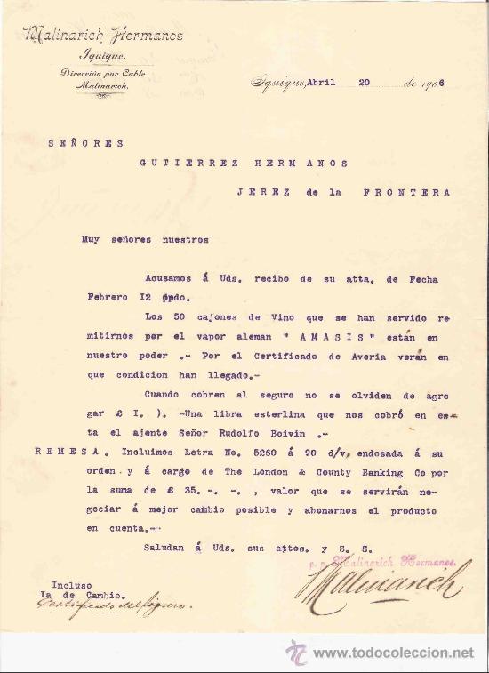 Gesch&auml;ftsbriefe: CHILE. IQUIQUE. CARTA COMERCIAL. MALINARICH HERMANOS. ABRIL 1906.