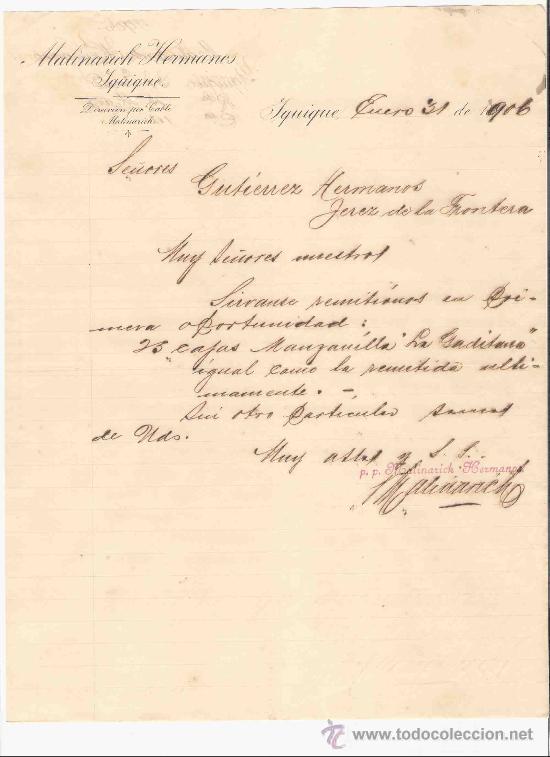 Gesch&auml;ftsbriefe: CHILE. IQUIQUE. CARTA COMERCIAL. MALINARICH HERMANOS. ENERO 1906.