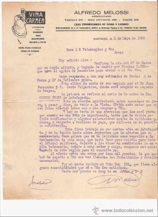 Gesch&auml;ftsbriefe: CHILE. SANTIAGO. CARTA COMERCIAL. ALFREDO MELOSSI. ARRENDATARIO. VI&Ntilde;A CARMEN. VINOS. MAYO 1928.