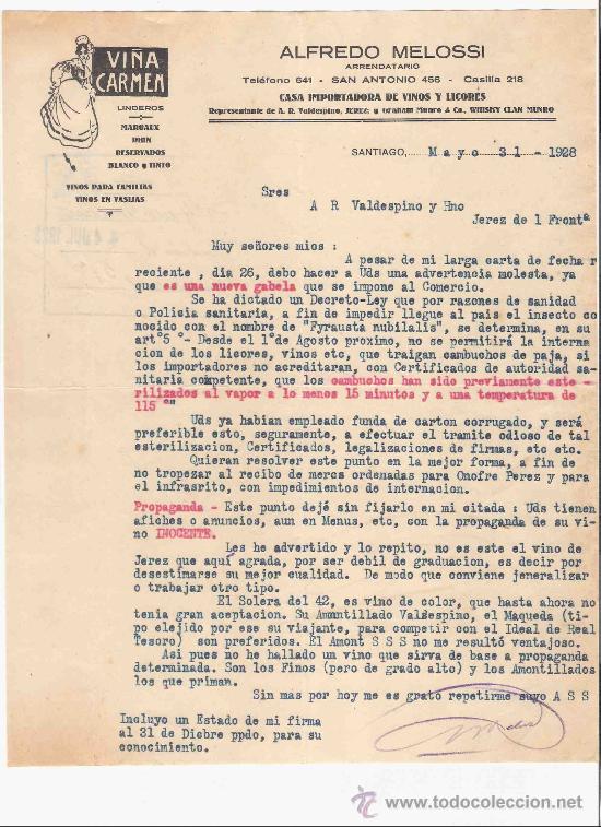 Gesch&auml;ftsbriefe: CHILE. SANTIAGO. CARTA COMERCIAL. ALFREDO MELOSSI. ARRENDATARIO. VI&Ntilde;A CARMEN. VINOS. MAYO 1928.