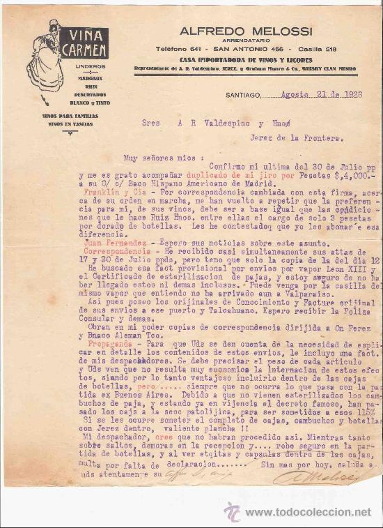 Gesch&auml;ftsbriefe: CHILE. SANTIAGO. CARTA COMERCIAL. ALFREDO MELOSSI. ARRENDATARIO. VI&Ntilde;A CARMEN. VINOS. AGOSTO 1928.