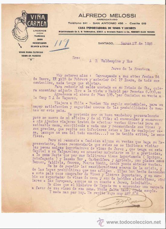 Gesch&auml;ftsbriefe: CHILE. SANTIAGO. CARTA COMERCIAL. ALFREDO MELOSSI. ARRENDATARIO. VI&Ntilde;A CARMEN. VINOS. MARZO 1928.