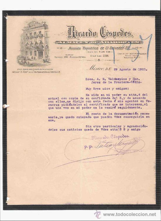 Gesch&auml;ftsbriefe: MEXICO. CARTA COMERCIAL. RICARDO CESPEDES. ALMACEN DE ABARROTES. AGOSTO 1921.