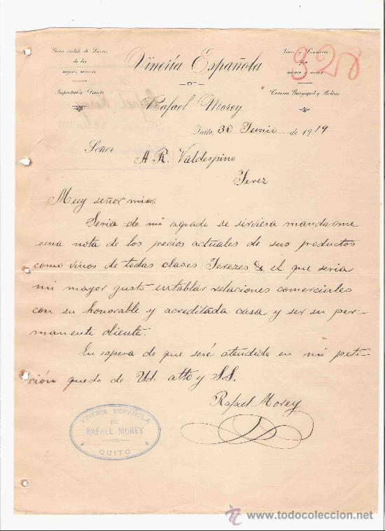 Lettere commerciali: ECUADOR. QUITO. CARTA. VINERIA ESPA&Ntilde;OLA DE RAFAEL MOREY. LICORES. VINOS. 1919.