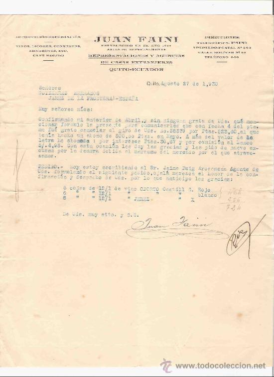 Lettres commerciales: ECUADOR. QUITO. CARTA. JUAN FAINI. IMPORTACION. EXPORTACION. VINOS, LICORES. 1930.
