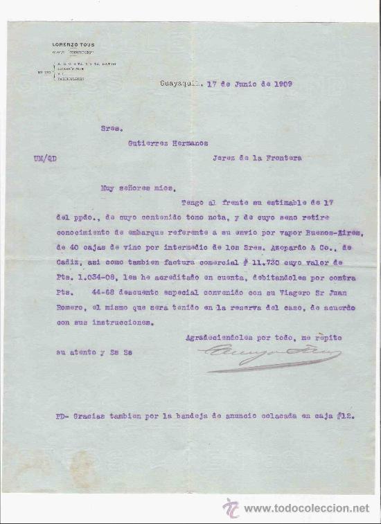Lettres commerciales: ECUADOR. GUAYAQUIL. CARTA. LORENZO TOUS. 1909.