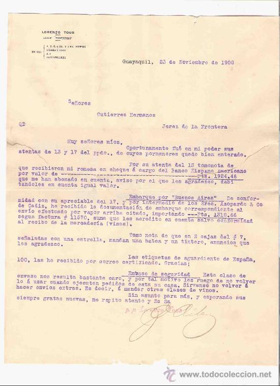 Lettres commerciales: ECUADOR. GUAYAQUIL. CARTA. LORENZO TOUS. 1908.