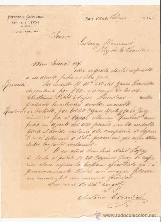 Cartas comerciales: BOLIVIA. SUCRE. CARTA. ANTONIO COSULICH. 1906.