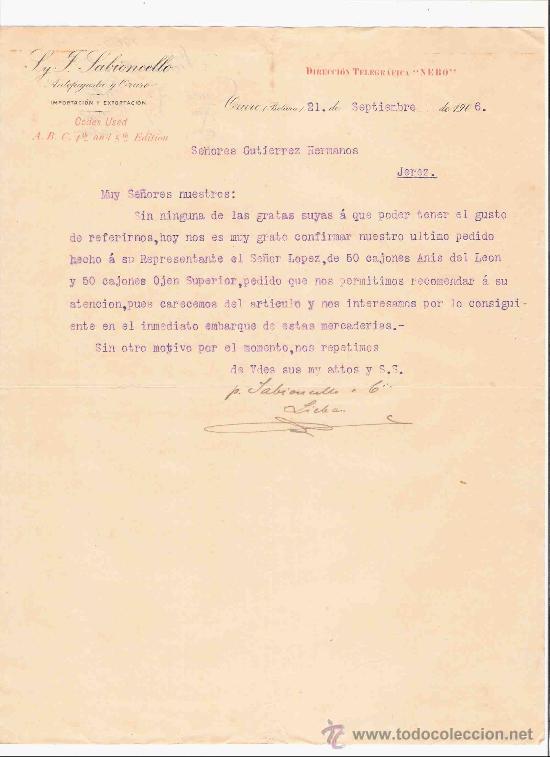 Cartas comerciales: BOLIVIA. ORURO. CARTA. SABIONCELLO Y CIA. IMPORTACION Y EXPORTACION. 1906.