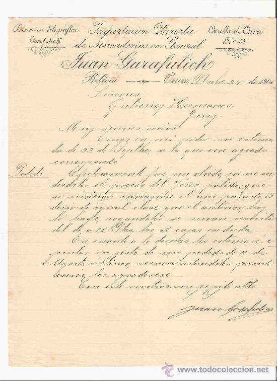 Cartas comerciales: BOLIVIA. ORURO. CARTA. JUAN GARAFULICH. IMPORTACION DIRECTA DE MERCADERIAS. 1905.