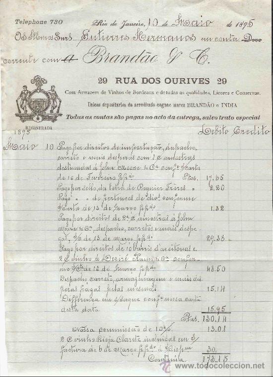 Cartas comerciales: BRASIL. RIO DE JANEIRO. CARTA. BRANDAO & C. ALMACEN DE VINOS Y LICORES. 1895.