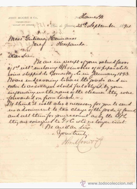 Cartas comerciales: BRASIL. RIO DE JANEIRO. CARTA. JOHN MOORE & CO. 1894.