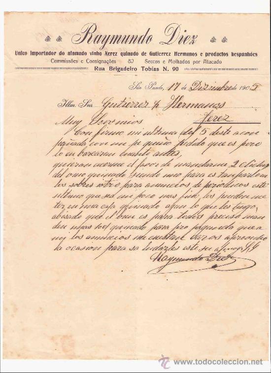 Cartas comerciales: BRASIL. SAO PAULO. CARTA. RAYMUNDO DIEZ. IMPORTADOR DE VINO. 1905.