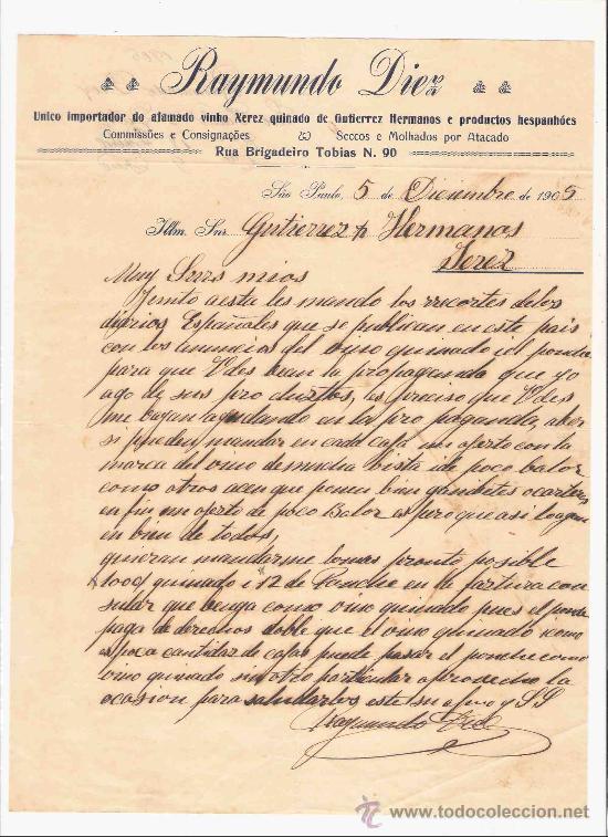Cartas comerciales: BRASIL. SAO PAULO. CARTA. RAYMUNDO DIEZ. IMPORTADOR DE VINO. 1905.