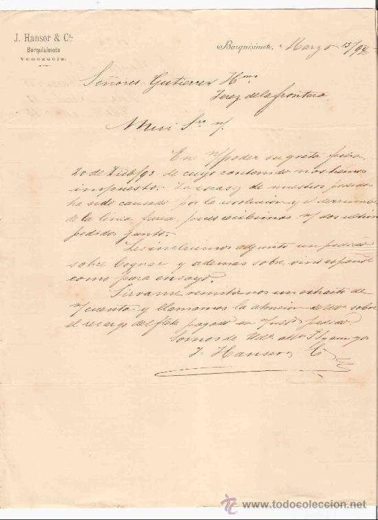 Cartas comerciales: VENEZUELA. BARQUISIMETO. CARTA. J. HANSER & CA. 1894.