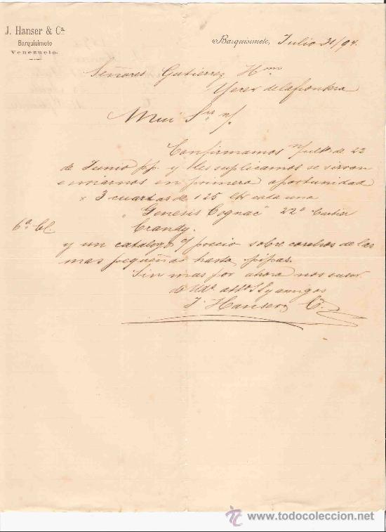 Cartas comerciales: VENEZUELA. BARQUISIMETO. CARTA. J. HANSER & CA. 1894.