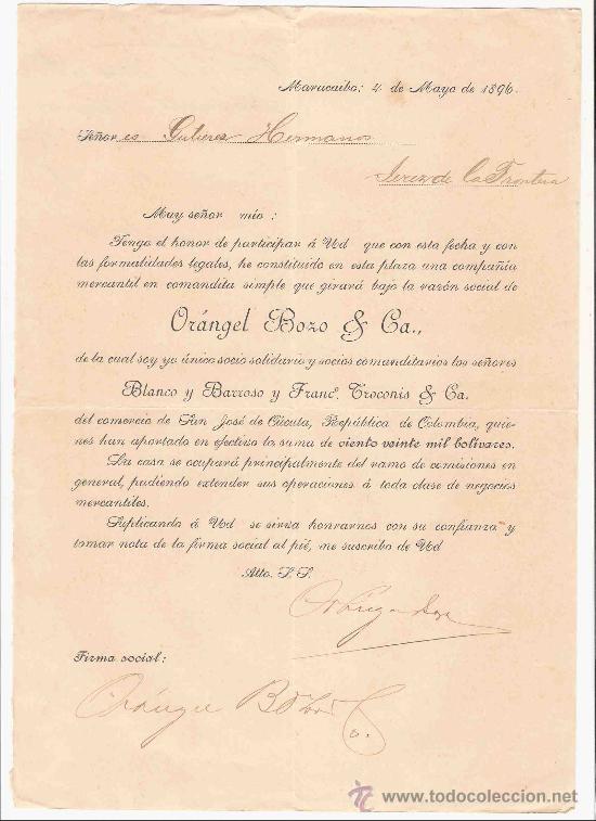 Cartas comerciales: VENEZUELA. MARACAIBO. CARTA. ORANGEL BOZO & CA. 1896.