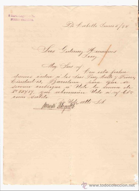 Cartas comerciales: VENEZUELA. PUERTO CABELLO. CARTA. S. MARTI ALEGRETT & CO. 1894.