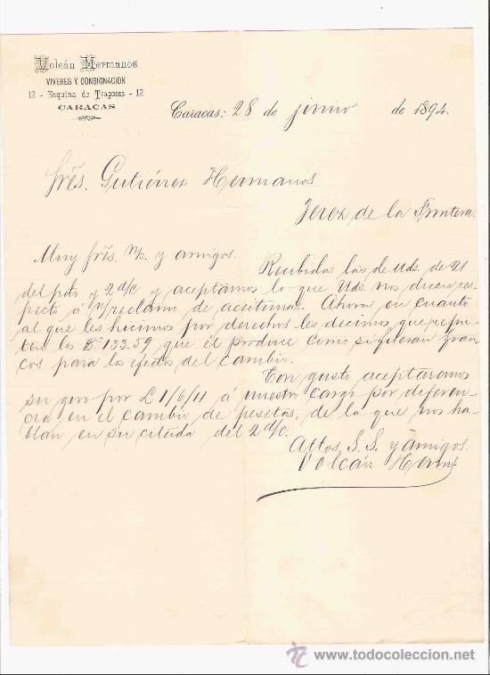 Cartas comerciales: VENEZUELA. CARACAS. CARTA. VOLCAN HERMANOS. VIVERES Y CONSIGNACION. 1894.