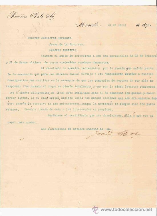 Cartas comerciales: VENEZUELA. MARACAIBO. CARTA. FOCION SOTO Y CO. 1894.