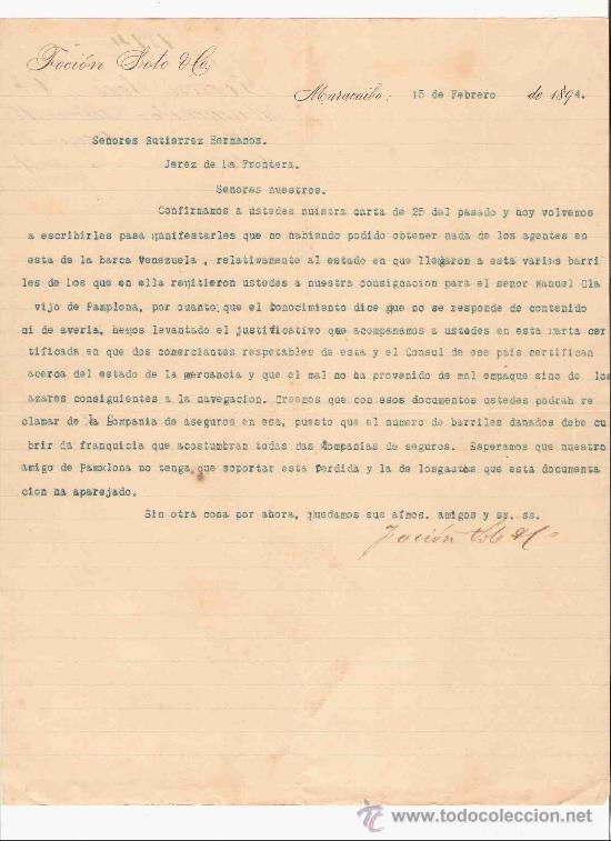 Cartas comerciales: VENEZUELA. MARACAIBO. CARTA. FOCION SOTO Y CO. 1894.