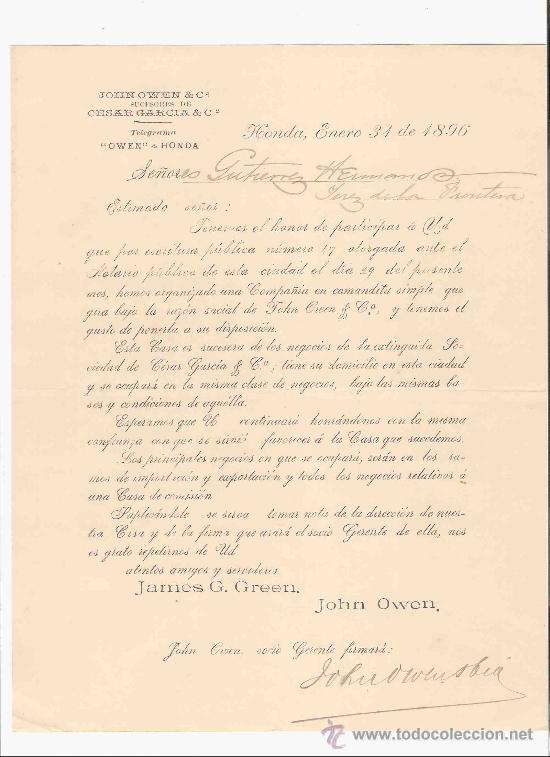 Cartas comerciales: COLOMBIA. HONDA. CARTA. JOHN OWEN & C. SUCESORES DE CESAR GARCIA & C. 1896.