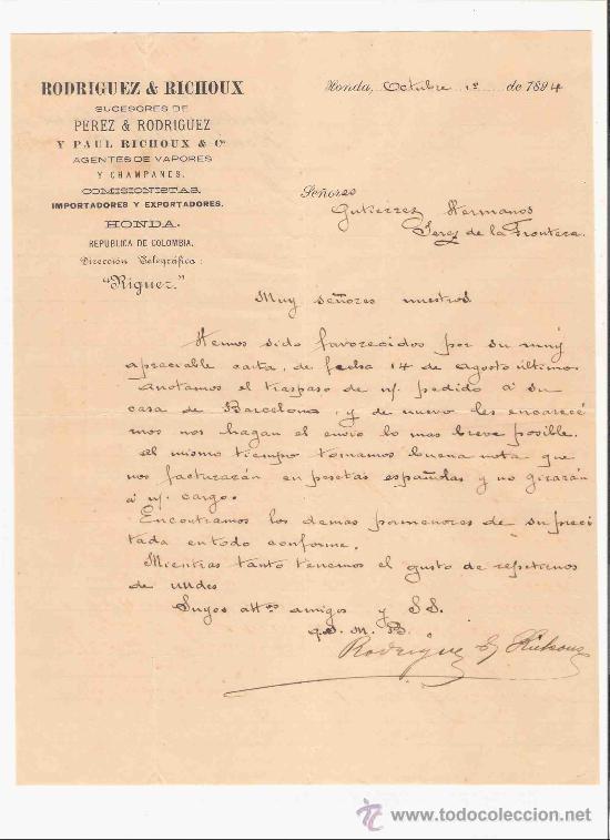 Cartas comerciales: COLOMBIA. HONDA. CARTA. RODRIGUEZ & RICHOUX. AGENTES DE VAPORES Y CHAMPANES. IMPORTADORES. 1894.