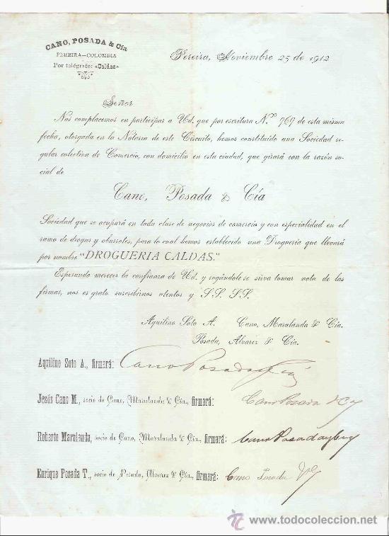 Gesch&auml;ftsbriefe: COLOMBIA. PEREIRA. CARTA. CANO, POSADA & CIA. 1912.