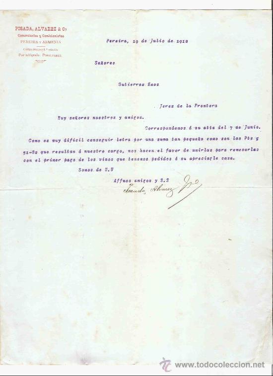 Gesch&auml;ftsbriefe: COLOMBIA. PEREIRA. CARTA. POSADA, ALVAREZ & CA. COMERCIANTES Y COMISIONISTAS. 1912.
