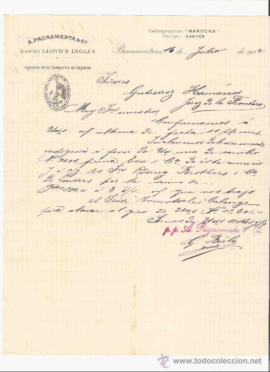 Gesch&auml;ftsbriefe: COLOMBIA. BUENAVENTURA. CARTA. A. PAGNAMENTA & CIA. AGENTES LLOYD&acute;S INGLES. COMPA&Ntilde;IA VAPORES. 1912.