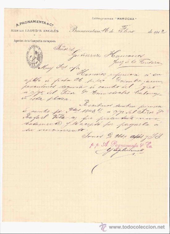 Gesch&auml;ftsbriefe: COLOMBIA. BUENAVENTURA. CARTA. A. PAGNAMENTA & CIA. AGENTES LLOYD&acute;S INGLES. COMPA&Ntilde;IA VAPORES. 1912.