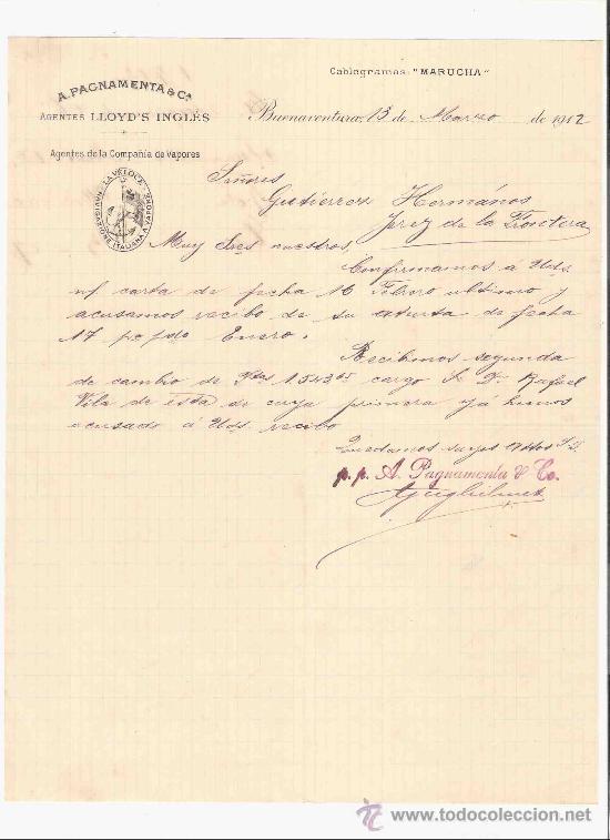 Gesch&auml;ftsbriefe: COLOMBIA. BUENAVENTURA. CARTA. A. PAGNAMENTA & CIA. AGENTES LLOYD&acute;S INGLES. COMPA&Ntilde;IA VAPORES. 1912.