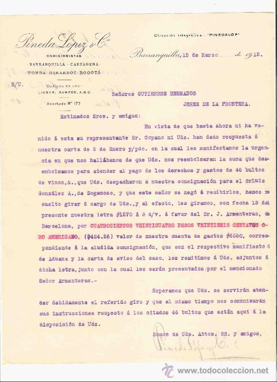 Gesch&auml;ftsbriefe: COLOMBIA. BARRANQUILLA. CARTA. PINEDA LOPEZ & CIA. COMISIONISTAS. 1912.