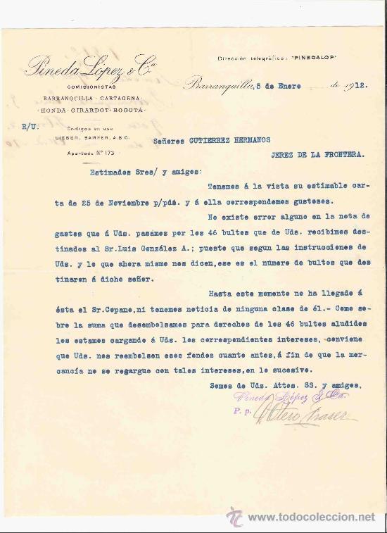 Gesch&auml;ftsbriefe: COLOMBIA. BARRANQUILLA. CARTA. PINEDA LOPEZ & CIA. COMISIONISTAS. 1912.