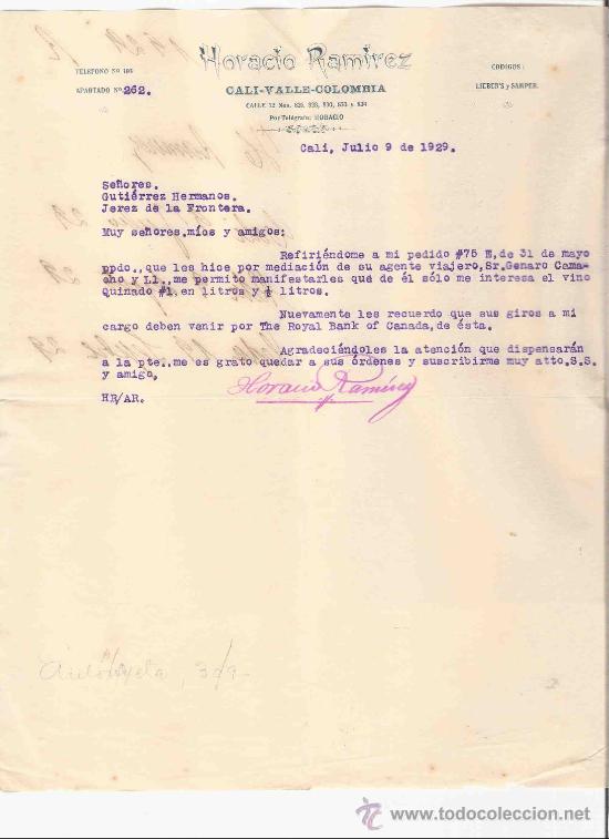 Gesch&auml;ftsbriefe: COLOMBIA. CALI. CARTA. HORACIO RAMIREZ. 1929.